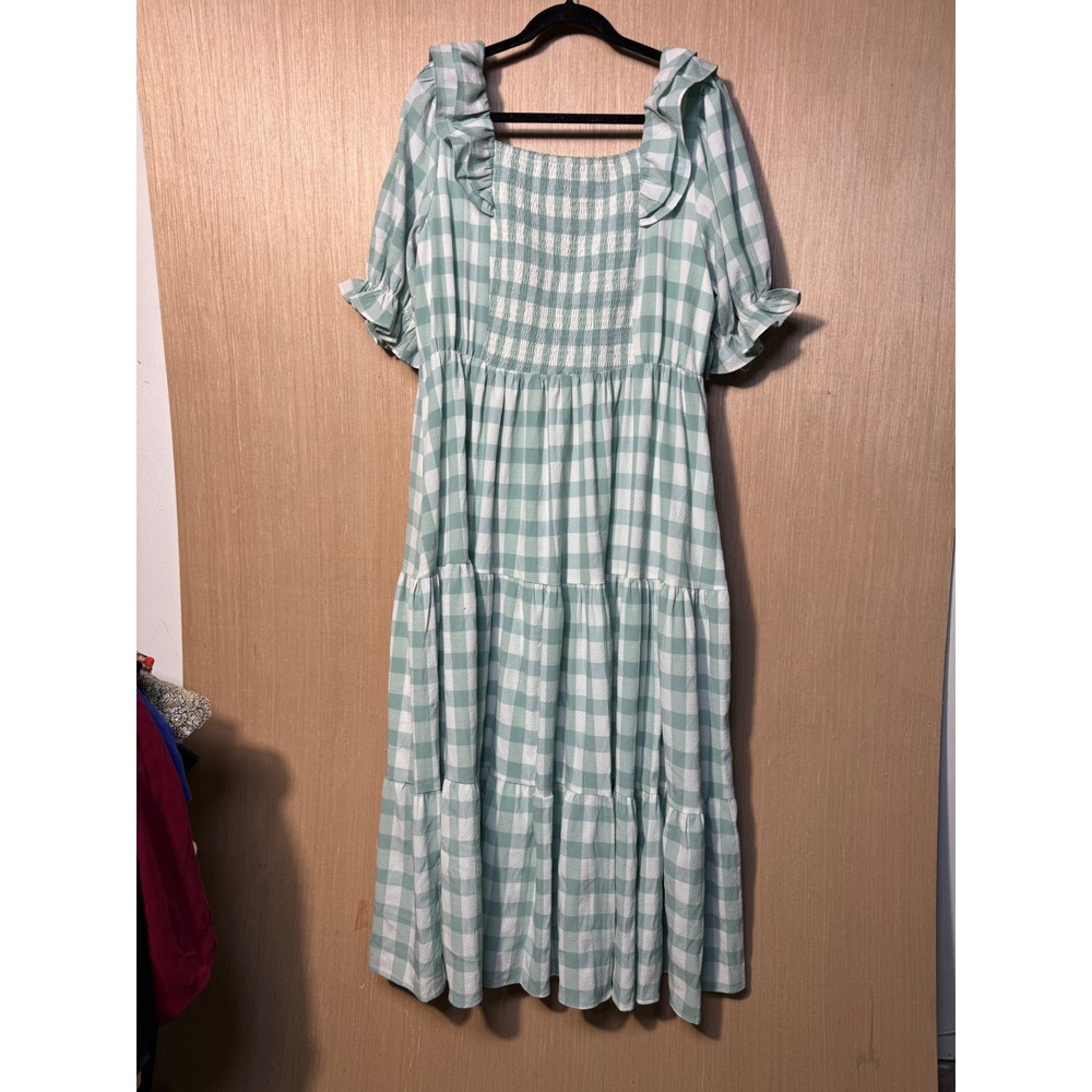 JessaKae Sage Green Gingham Smocked Tiered Midi Dress Womens 2XL JEE-060-4